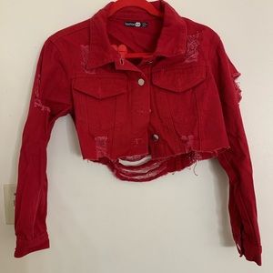 Cropped Red Denim Distressed Jacket